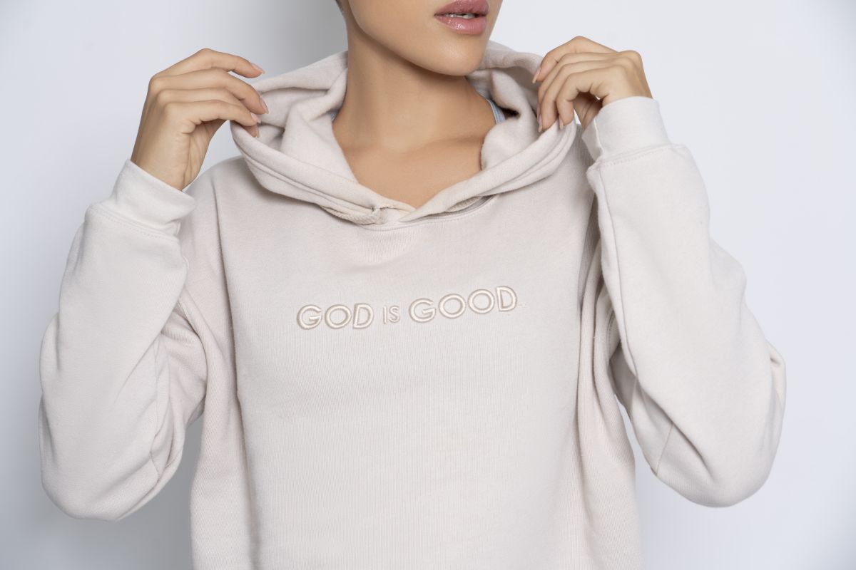 God is Good Women's Beige Embroidered Hoodie
